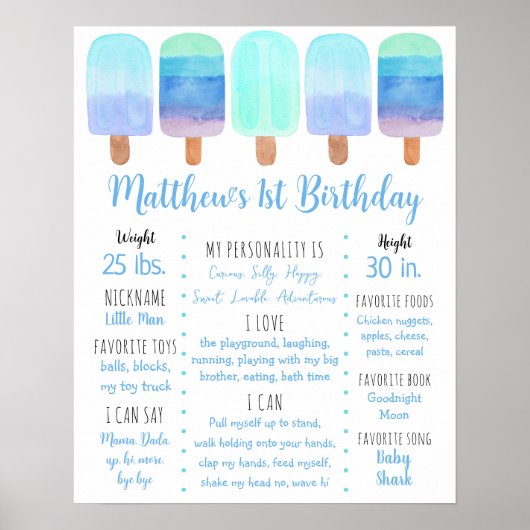 Popsicle Blauwe Jongen Eerste Verjaardag Milestone Poster (Voorkant)