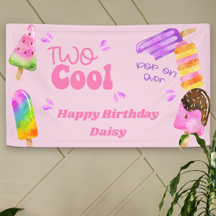 Popsicle Feestje Two Cool Roze 2de Verjaardagsfees Spandoek
