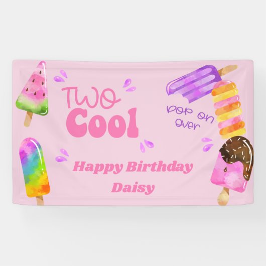 Popsicle Party Twee Koele Roze 2e Verjaardagsfeest Spandoek (Horizontaal)