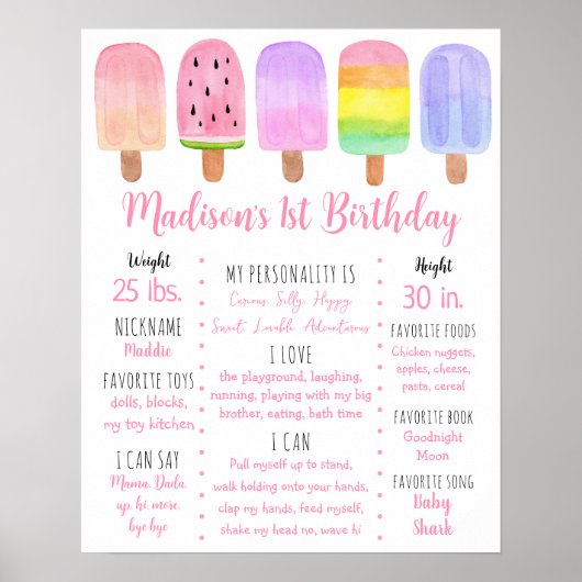 Popsicle roze meisje eerste verjaardag mijlpaal poster (Voorkant)