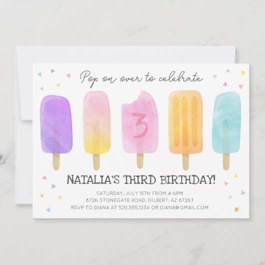 Popsicle Waterverf roze meisje verjaardagsuitnodig Kaart (Voorkant)