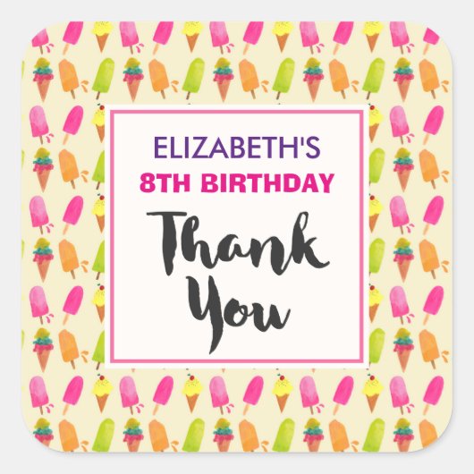 Popsicles en Ice Cream Pattern Birthday Bedankt Vierkante Sticker (Voorkant)