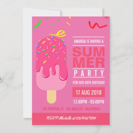 Popsikel Summer Girl Birthday-uitnodiging Kaart (Voorkant)