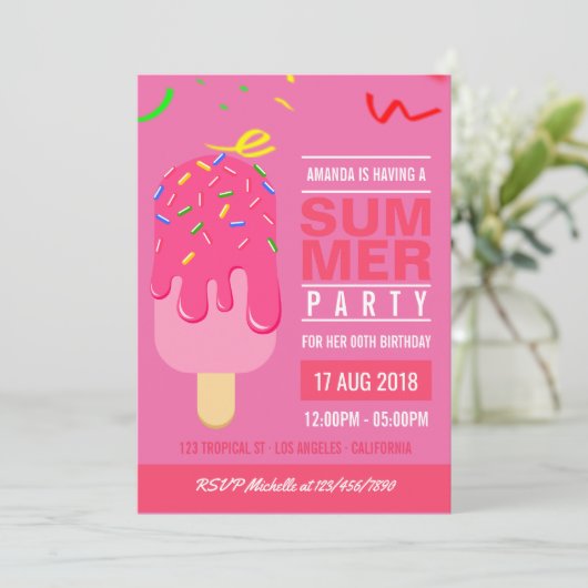 Popsikel Summer Girl Birthday-uitnodiging Kaart (Staand voorkant)