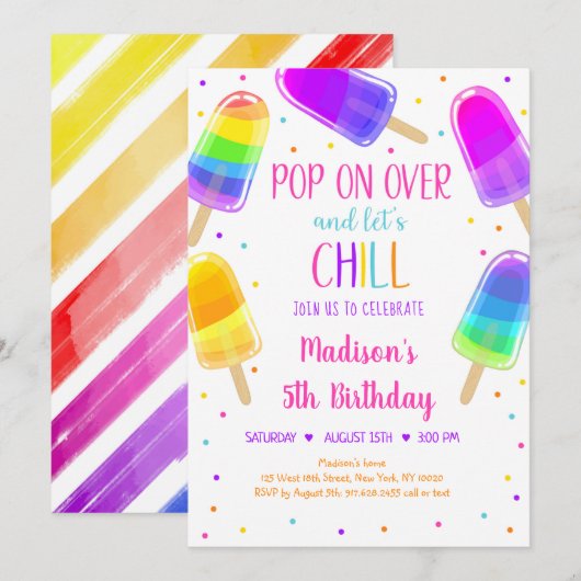 Popsile Rainbow Pink Girl Birthday Invitation Kaart (Voorkant / Achterkant)