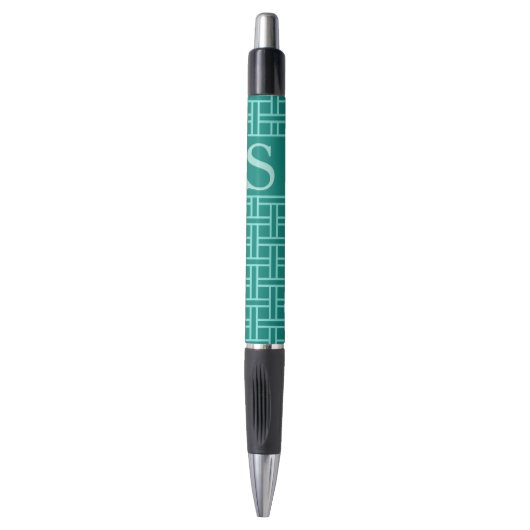 Populair Blauwgroen geometrisch patroonmonogram Pen (Voorkant Verticaal)