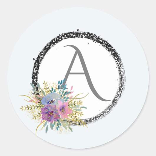 *~* Populair Meisje Bloemen Glitter Initiaal Monog Ronde Sticker (Voorkant)