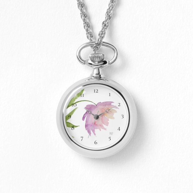 *~* Populair Pioen Waterverf Roze Lavendel Bloemen Horloge (Voorkant)