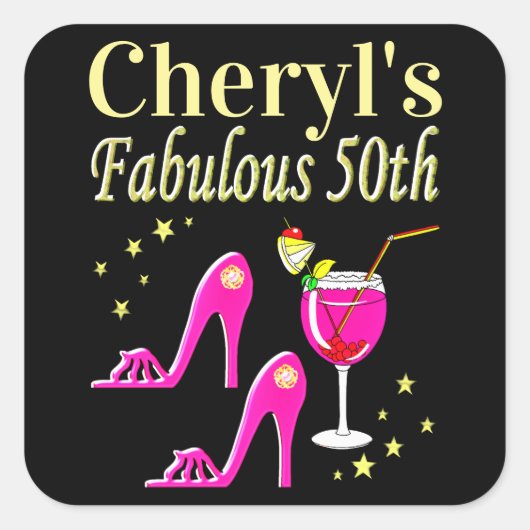 POPULAIR ROZE 50E VERJAARDAG DIVA DESIGN VIERKANTE STICKER (Voorkant)