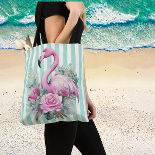 Populaire Bloemen Roze Flamingo op Mint Stripe Tote Bag