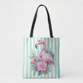 Populaire Bloemen Roze Flamingo op Mint Stripe Tote Bag (Voorkant)