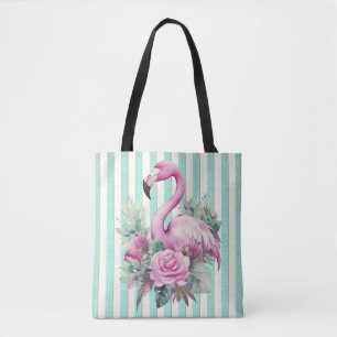 Populaire Bloemen Roze Flamingo op Mint Stripe Tote Bag