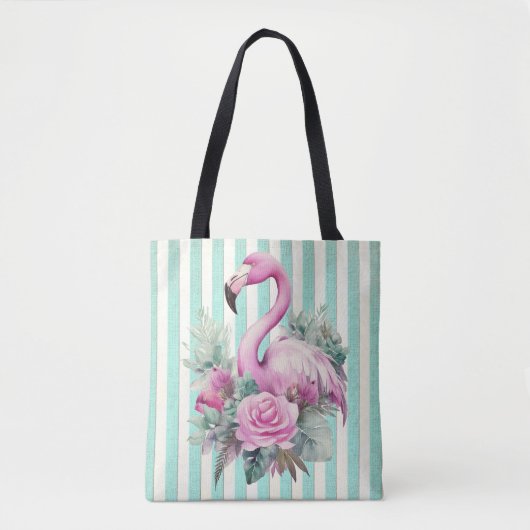 Populaire Bloemen Roze Flamingo op Mint Stripe Tote Bag (Voorkant)
