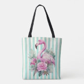 Populaire Bloemen Roze Flamingo op Mint Stripe Tote Bag (Achterkant)