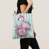 Populaire Bloemen Roze Flamingo op Mint Stripe Tote Bag (Dichtbij)