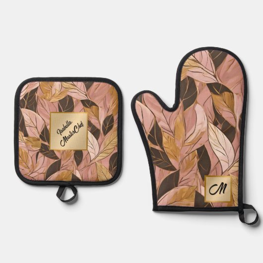 Populaire Blush Pink Gold Boho Leaves Collectie Ovenwant & Pannenlap Set (Voorkant)