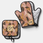 Populaire Blush Pink Gold Boho Leaves Collectie Ovenwant & Pannenlap Set (Voorkant / Achterkant)