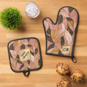 Populaire Blush Pink Gold Boho Leaves Collectie Ovenwant & Pannenlap Set (Top down)