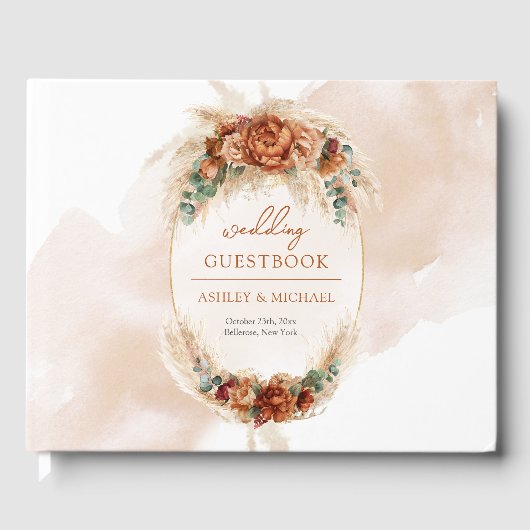 Populaire boog terracotta diep rood bloemeneucalyp gastenboek (Voorkant)