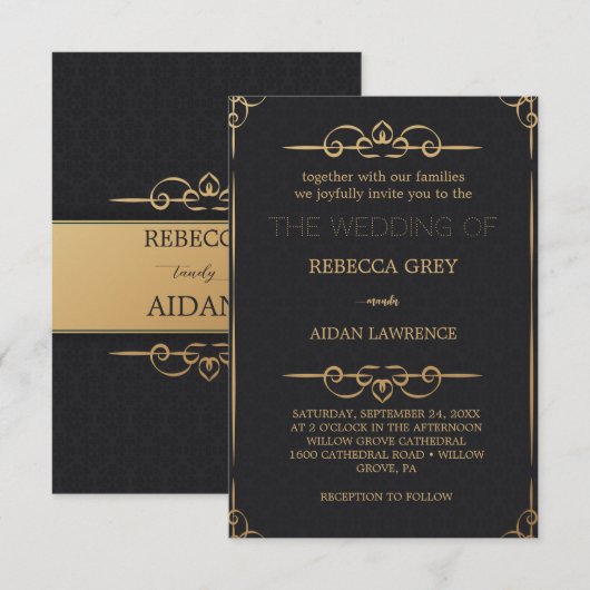 Populaire Elegant Zwart Goud Faux Folie Script Wed Kaart (Voorkant / Achterkant)