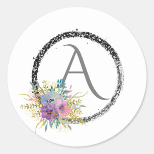 *~* Populaire Floral Glitter Monogram Initiaal Gir Ronde Sticker