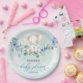 Populaire jongen olifant stoffig blauw bloemeneuca papieren bordje (Feest)