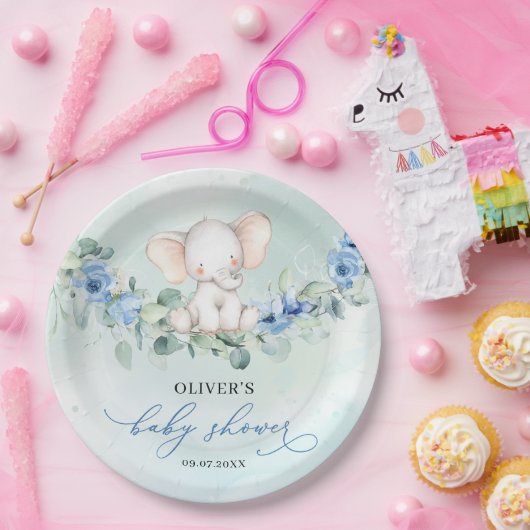 Populaire jongen olifant stoffig blauw bloemeneuca papieren bordje (Feest)