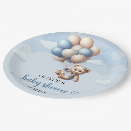 Populaire jongen olifant stoffig blauw bloemeneuca papieren bordje (Gekanteld)