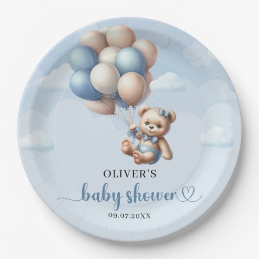 Populaire jongen olifant stoffig blauw bloemeneuca papieren bordje (Voorkant)