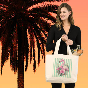 Populaire roze flamingo op Mint Stripe Grote Tote Bag