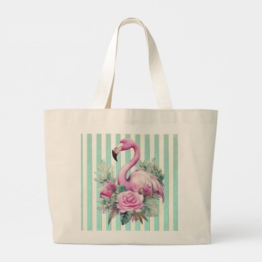 Populaire roze flamingo op Mint Stripe Grote Tote Bag (Achterkant)