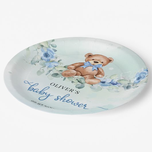Populaire teddybeer stoffige blauwe bloemeneucalyp papieren bordje (Gekanteld)