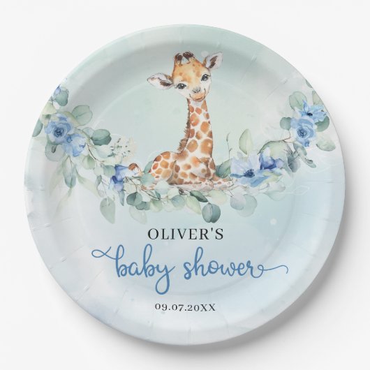 Populaire waterverf giraf blauw bloemensafari papieren bordje (Voorkant)