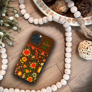 Populairste Bruine Retro Bloemen Monogram Naam Case-Mate iPhone Case