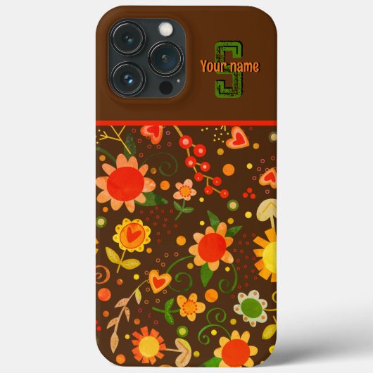 Populairste Bruine Retro Bloemen Monogram Naam Case-Mate iPhone Case (Achterkant)
