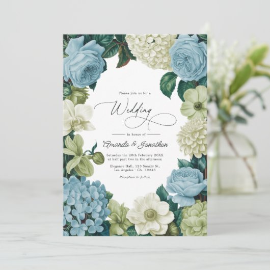 Porcelain Blue, Soft Sage & Ivory Wedding Kaart (Staand voorkant)