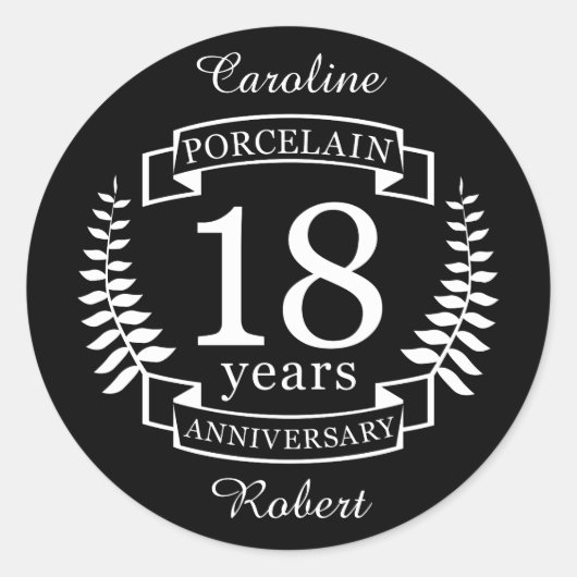 Porcelain traditionele trouwdag 18 jaar ronde sticker (Voorkant)