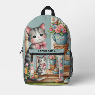 Porch Kitty Bloemrijke Patchwork Scene Bedrukte Rugzak