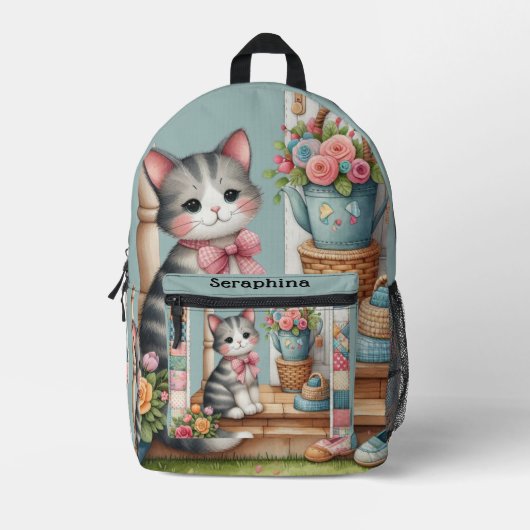 Porch Kitty Bloemrijke Patchwork Scene Bedrukte Rugzak (Voorkant)