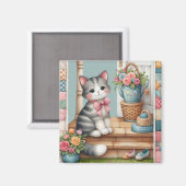 Porch Kitty Bloemrijke Patchwork Scene Magneet (Voorkant / Achterkant)