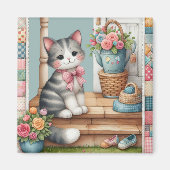 Porch Kitty Bloemrijke Patchwork Scene Magneet (Voorkant)
