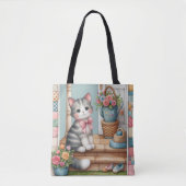Porch Kitty Bloemrijke Patchwork Scene Tote Bag (Voorkant)