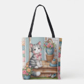 Porch Kitty Bloemrijke Patchwork Scene Tote Bag (Achterkant)