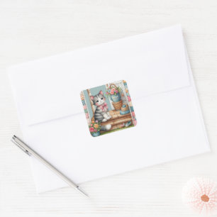 Porch Kitty Bloemrijke Patchwork Scene Vierkante Sticker