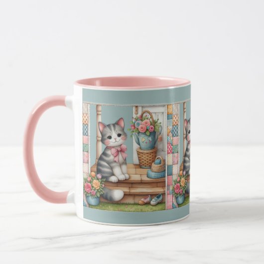 Porch Kitty Bloemstuk Patchwork Scene Mok (Links)