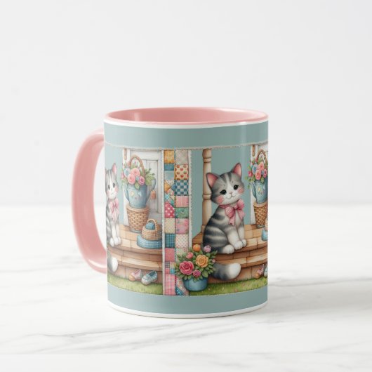 Porch Kitty Floral Patchwork Scene Mok (Voorkant links)