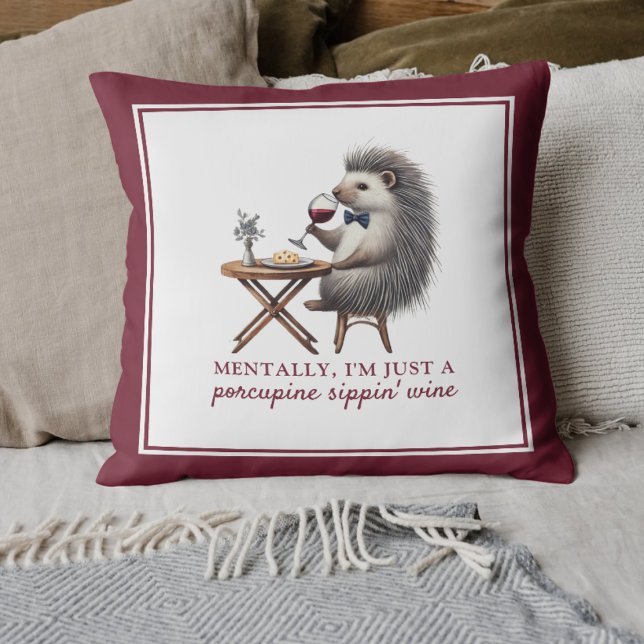 Porcupine Sippin' Wine Grappige Decor Bourgogne Kussen (Quirky Cute Porcupine Sippin' Wine Pillow - Fun Decor Gift for Wine Lovers and Cozy Home Accents)