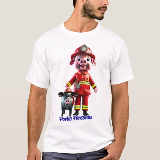 Porky Personas grappige Varken karakters. Firefigh T-shirt (Voorkant)
