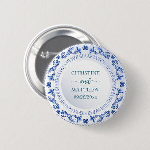 Porselein Blauw Bloemen Huwelijksgunst Ronde Button 5,7 Cm