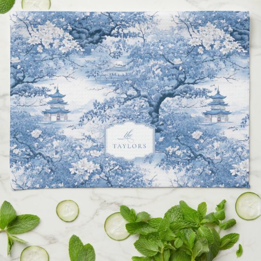 Porselein Blauw Chinoiserie Patroon ID1094 Theedoek (Gevouwen)